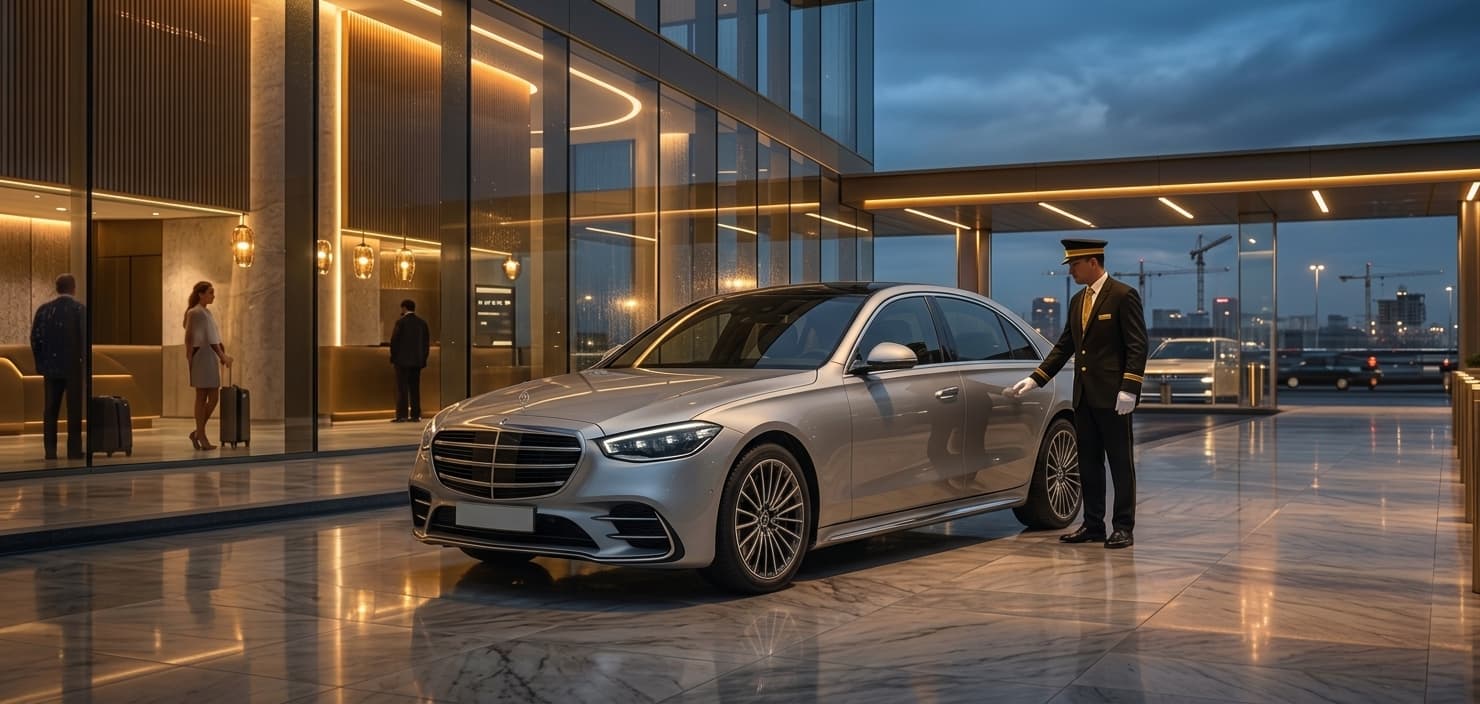 CABS WALTON Premium Airport Transfer Service Walton On Thames Surrey Luxury black Mercedes chauffeur car waiting for airport transfer pickup by CABS WALTON Walton On Thames taxi service